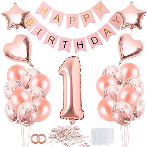 1 Geburtstag Mädchen Deko Set - Rosegold Luftballon, Happy Birthday Banner, Konfetti Dekoration