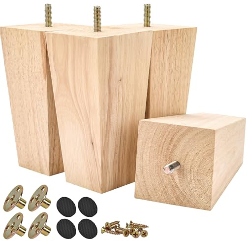 TCHOSUZ 4 Inch / 10cm Wooden Furniture Legs, Set of 4 Solid Wood Mid-Century Modern Pyramid Replacement Feet, Square Sofa Legs with M8 Bolts & Anti-Slip Pads for Ottoman Table Dresser Unfinished