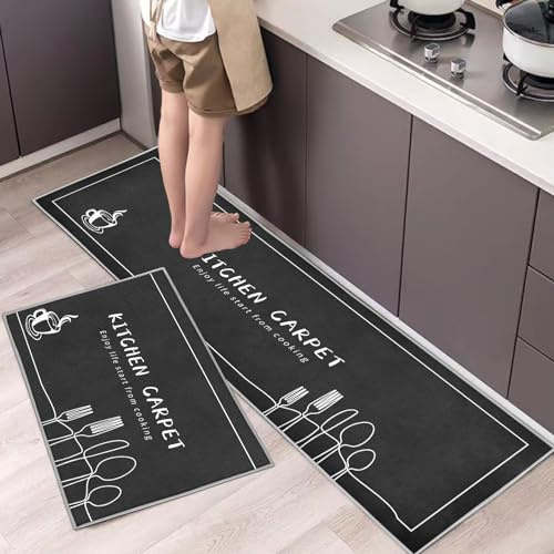 Hoimlm Küchenteppiche 2 Stück, Rutschfestes Küchenmatten,Wasser und Öl aufnehmen Küche Matten Fußmatte Teppich Set,Staubdicht Fußmatte für Drinnen (40x60+40x120cm, Gabel grau)