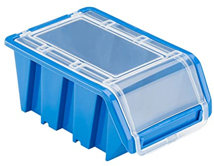 Lot de 50 boîtes de Rangement empilables en Plastique avec Couvercle 120 x 195 x 90 mm Bleu, Bacs à Bec Suspendu Conteneurs, Garage Outil Organisateur Panier Rack