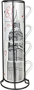 IlGruppone Set 4 Tazzine da Caffé Impilabili Moderne in Porcellana Gres con Supporto Collezione Città Tazza con Gift Box Tazza Lavastoviglie Microonde - Londra