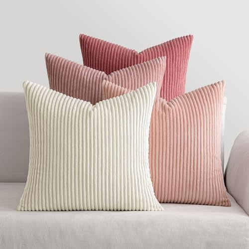 MIULEE Kissenbezug 50x50 4er Set Kordsamt Kissenhülle sofakissen Pink | Weiche Kissenhülle Dekorative Sofakissen Quadratische Dekokissen Zierkissenbezug Gestreifte Kissenbezüge für Wohnzimmer
