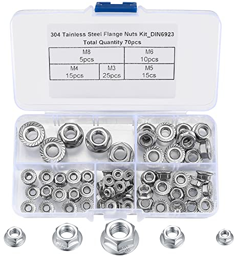 70 Pcs Hex Nuts, Lock Nuts with Flange Self-Locking, Flange Nuts with Serrations, Stop Nuts with Flange DIN 6923 Stainless Steel, M3 M4 M5 M6 M8