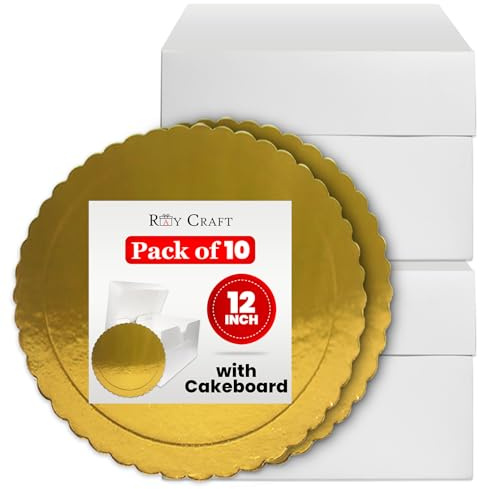 Cake Box 12 Inch Pack of 10 – Includes 10 White Cake Boxes with Removable Lids and 10 Golden Cake Boards – Strong Cardboard Cake Packaging for Cakes, Pies, Muffins, Donuts – Dust & Moisture Resistant