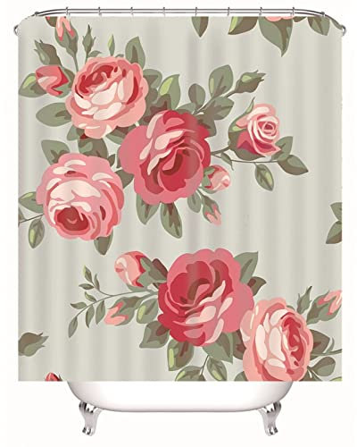 Whoiy Duschvorhang Blumen Rot, Duschvorhang Eckbadewanne 120X180cm Polyester Bath Curtains Blumen und Blätter Grün für Outdoor Hotel