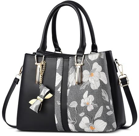 FOLOVEYA Handtasche Damen Mittelgroß, Elegante Henkeltasche mit Schleife | PU-Leder Umhängetasche mit Schleifenanhänger shopper tasche frauen modern handtaschen für Arbeit Reisen und Alltag, Schwarz