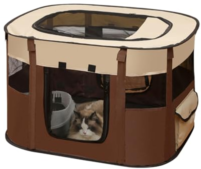 Galatée Tragbarer Faltbarer Haustier-Laufstall, Hundekisten Oben, Abnehmbares Netz Mit Reißverschluss Für Drinnen Und Draußen, Reisen, Camping, Laufstall Für Hunde Und Katzen(XXL, Braun)