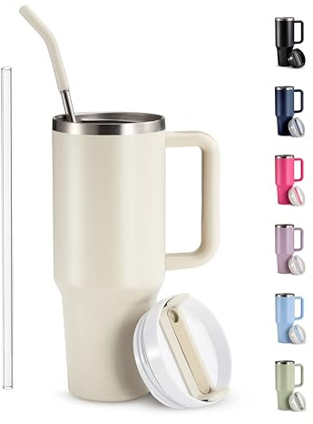 KooK Stainless Steel Tumbler, with Straw and Handle, Leakproof, Vacuum Insulated Travel Coffee Mug, Reusable Double Walled Water Bottle, Keeps Hot or Cold, 40 oz (Antique White)