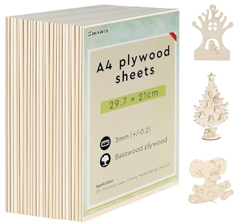 SWAWIS 25 Stück A4 Sperrholzplatte 3mm, Sperrholz Lindenholz 300 * 210mm, Bastelholz-Platten, Holz Platten, Bastelholz, Perfektes Blatt für DIY Laubsäge Brandmalerei Laserschnitt Modellbau Deko