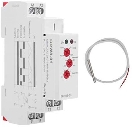 BuyWeek Temperaturregelrelais, AC/DC 24 V-240 V Temperaturregler Relais 35mm Schieneninstallation Thermostat Relais mit Sonde, LED Anzeige Hoher/Niedriger Temperaturüberwachung (GRW8-01)