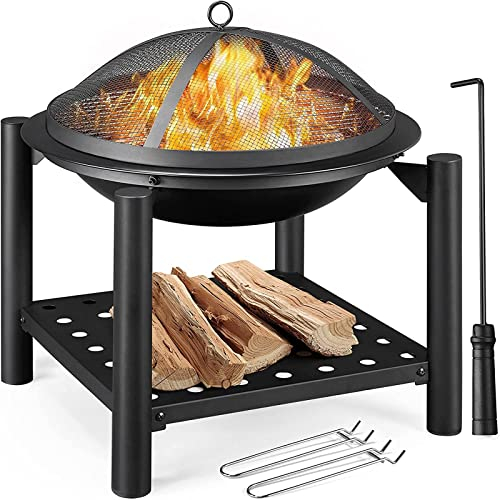 Außenheizung, Stahl-Feuerstelle mit Kaminholzregal, stabil hitzebeständig, schwarz, Außenheizung für Grill, Lagerfeuer, Camping, Picknick