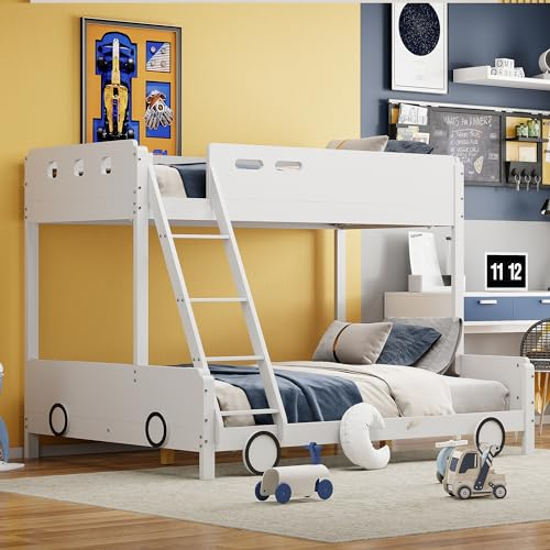 MQLAE Kinderbett Etagenbett, 90x200 & 140x200, Autoform Kinder Bett, 3-Personen-Bett, Hochbett mit Sicherheitsleiter, Bettgestell mit Lattenrost, Massivholzbett, Familienbett, Weiß, Ohne Matratze