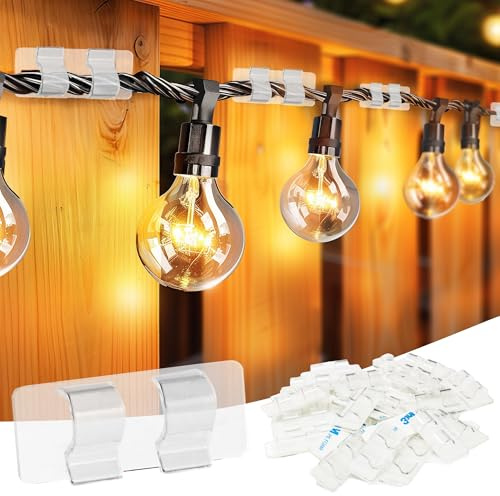 Dazzle Bright Hooks for Outdoor String Lights Clips, 60Pcs Heavy Duty Cable Clips Waterproof Adhesive Strips for Hanging Christmas Light, Outside UV-Resistant Clear Sticky Cord Holders Rope Organizer