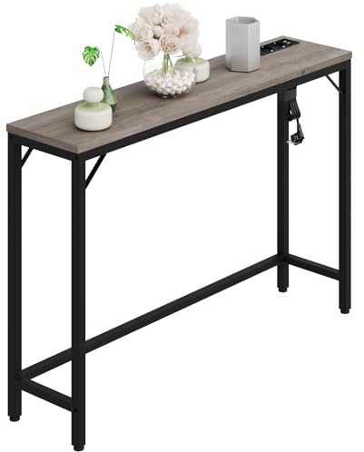 Litake Schmal Konsolentisch mit Steckdose und USB-Anschluss, 100 x 23 x 80 cm Beistelltisch Flurtisch Kleiner Ausstellungstisch Sofatisch Vintagebraun-schwarz ür Flur, Foyer, Wohnzimmer, Vintage Grau