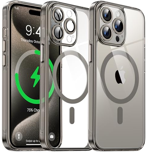 Flyzoo Clear Magnetic Case for iPhone 15 Pro Max (6.7'') Compatible with MagSafe & Camera Protector, [Non-Yellowing] [Shockproof & Antiscratch Protection] Hard Transparent Cover with Silicone, Grey