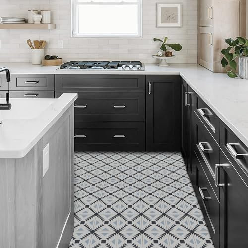 Alwayspon 20pcs 20cmx20cm Black, White and Blue Waterproof Vinyl Flooring Self Adhesive Peel and Stick Vinyl Floor Tiles for Kitchen, Living Room, Bathroom