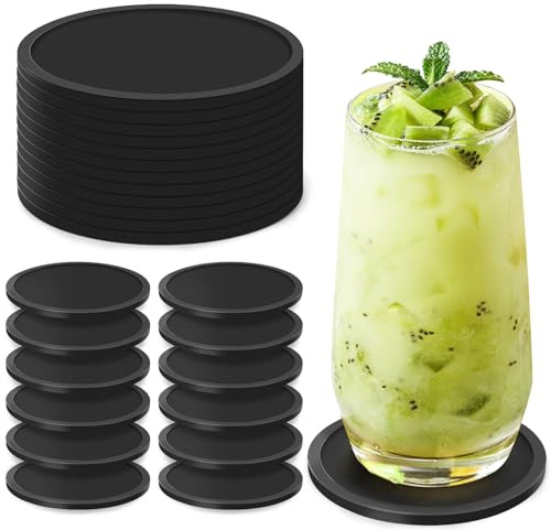 Gotanc Silikon Untersetzer Gläser rund, 12er Silikon Glasuntersetzer rutschfest und Isoliert Glas Untersetzer Set Schwarz für alle Arten von Tassen