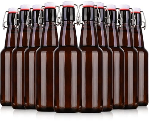 KITGLASCUP 16.5oz Amber Swing Top Glass Bottles for Airtight Lids, Home Brewing and Fermentation Kombucha, Vanilla Extract, Beverage, Water, Kefir (10 Pack)
