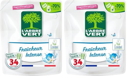 L'Arbre Vert Recharge Lessive Ecolabel Fraîcheur intense - Hypoallergénique - 34 Lavages - 94% d'ingrédients d'origine naturelle - 1,53L (Lot de 2)