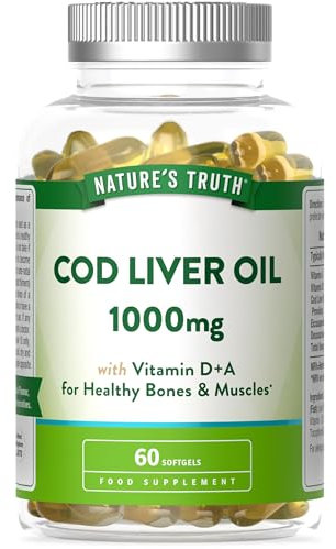 Cod Liver Oil Capsules High Strength | 1000mg | with Omega 3, Vitamin D and A | Providing DHA & EPA | 60 Softgels | Nature's Truth