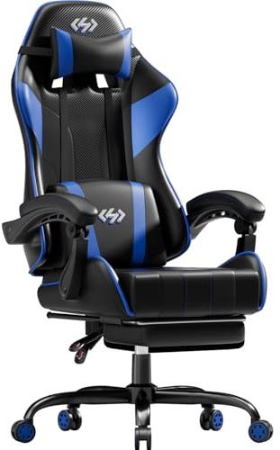 HLFURNIEU Sedia Gaming Ergonomica, Poltrona Gaming con Cuscino a Molle, Computer Gaming con Poggiapiedi e Supporto Lombare, Sedia Gamer Regolabile in Altezza, Schienale Regolabile, Nero e Blu