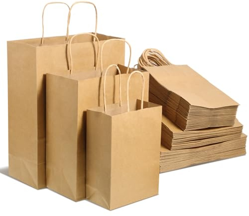 Lot de 100 grands sacs en papier kraft marron avec poignées, 3 tailles, grands sacs de transport en vrac, sacs alimentaires pour affaires, shopping, vente au détail, fête, anniversaire, mariage