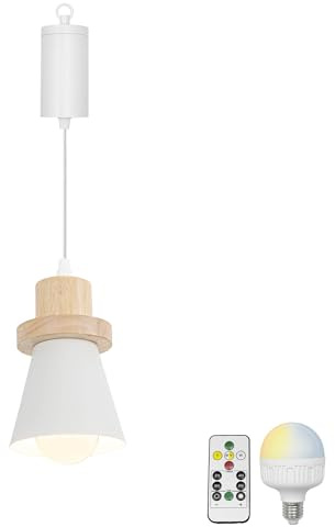 FSLiving Dimmbare Hängelampe mit Batterie Innen,Weiß Metall Hängeleuchte Batteriebetriebene Lampe, Pendelleuchte ohne Strom Stromanschluss für Küche Nachttischcafé,12 * 10CM,TB2861