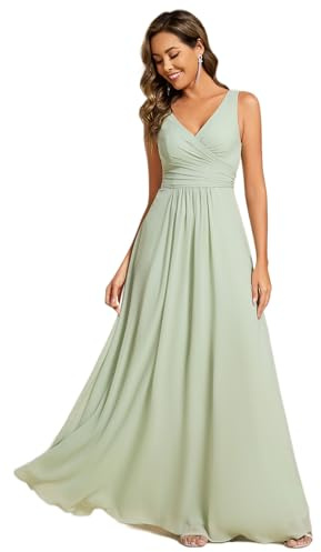 Ever-Pretty Women Maxi Bridesmaid Dress Chiffon A-Line Pleated Double V Sleeveless Dark Green 16UK