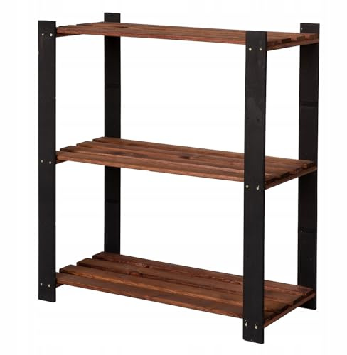 STOLMAK Holzregal Standregal 90x80x38 cm (HxBxT) Schwarz/Braun Lagerregal mit 3 Ablagen Stehend Garage Regal Keller Wohnzimmer Kiefernholz Badregal Pflanzenständer Bücherregal
