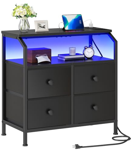 HOOBRO Wide Nightstand with Charging Station, End Table with LED Light Strip, Night Stand with 4 Non-Woven Fabric Drawers, 2 Open Shelves, Bedside Table for Bedroom, Black BB190UDBZ01