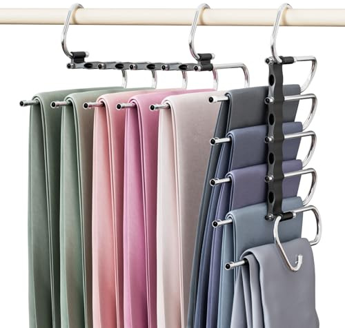 DAMITA Grucce Pantaloni Salvaspazio Appendiabiti Porta Pantaloni 2 Pezzo 5 in 1 Nero per Armadio Appendini Multifunzionali Nessuna Installazione Adatto per Donne e Uomini Jeans Sciarpe Vestiti
