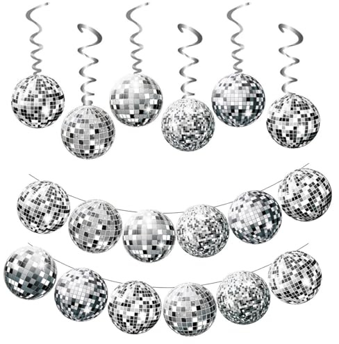 70s Disco Ball Decorations—6 PCS Swirls Hanging Balls & 12 PCS Banners with Hooks and String, Silver Discoball Streamers for Christmas Tree, Birthday/Retro Disco/Rock Party(Silver, 18 Pcs)