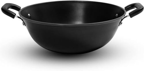 Wok Tradicional Chino Martillado a Mano, Wok de Hierro Fundido Resistente y sartenes para saltear, Wok Antiadherente con Asas Dobles para Cocina Profesional(30cm)