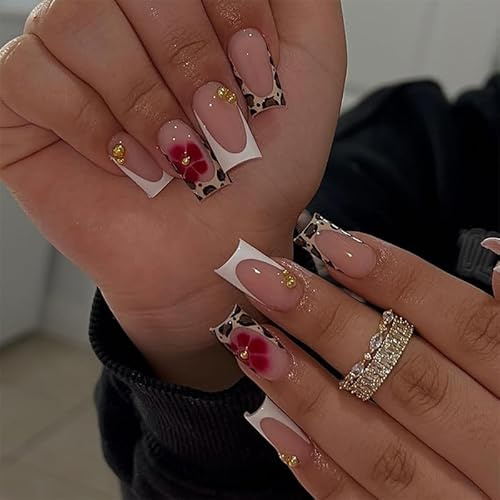 MouyouGlow Press on Nails Lang,Square Leopard French Blumen Floral Gold Beads Design Short Y2k Fake Nails,Leopardenmuster Tips Flower Herbst Winter INS Artificial Künstliche Fingernägel