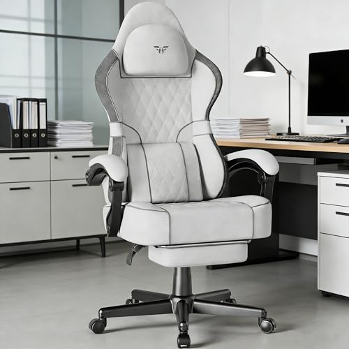 Soontrans Gaming Stuhl mit Massage Lendenwirbelstütze, Gepolstert Gaming Chair, Gaming Stuhl Ergonomisch mit Fußstütze, Baumwolle, 90-160° Rückenlehne verstellbar Gaming Sessel（Weiß）