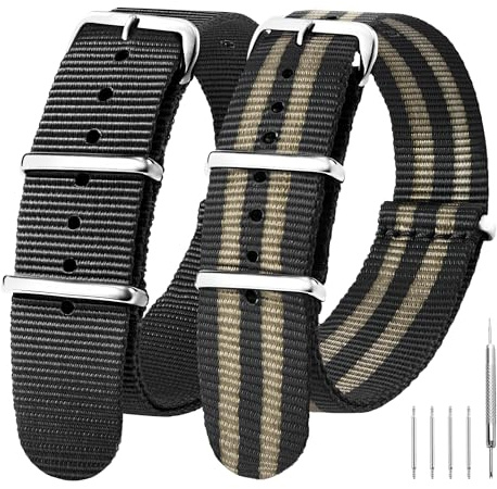 EACHE 2-Pack Nylon Watch Straps for Men, One-Piece Washable Military Watch Strap 18mm 20mm 22mm with Silver Polished Buckle