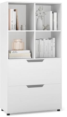 GIANTEX Libreria con 4 cubi e 2 cassetti, scaffale da libreria a piedi con kit antiribaltamento, mobile di stoccaggio autoportante per ufficio, soggiorno, ufficio casa (bianco)