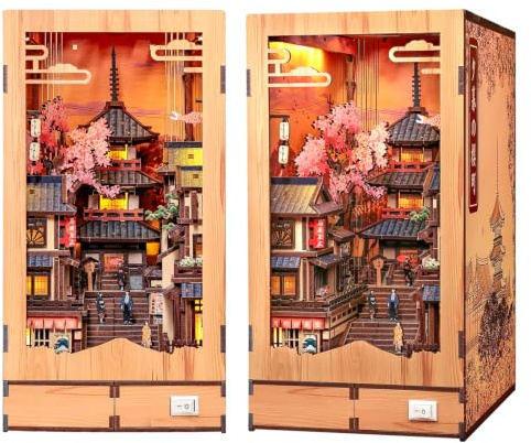 CUTEBEE Book Nook Kit - Maison de Poupée pour Adultes, Scène de Rue Japonaise Miniature, Décoration de Bibliothèque, Cadeau pour la Famille (Twilight Sakura Path) | Jeu de puzzles en bois 3D pour adultes, cadeau créatif pour la décoration de la maison (chemin Sakura Path)