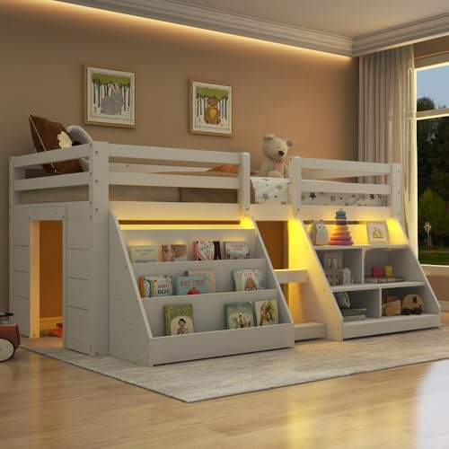 Cayipng Cama Castillo a Media Altura 90x200 cm, Cama para niños, Cama Doble Castillo, con más estantes, esponjas de protección y Escalera, de Madera de Pino (Blanco)
