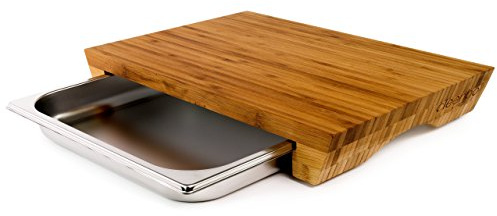 cleenbo® Schneidebrett mit Auffangschale Style Bamboo Profi Holz Küchenbrett aus Bambus - Holzbrett Schneidbrett mit Auffangbehälter/Behälter (Edelstahl Schublade) Bambusbrett Maße: 43x29x7cm