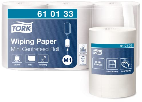 Tork 610133 Mehrzweck Papierwischtücher für das M1 Innenabrollung Mini Spendersystem / 1-lagiges stabiles Papier in Weiß / 3 x 120m
