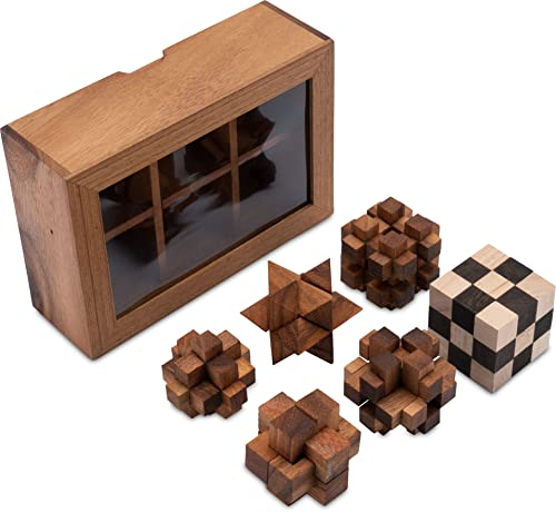 LOGOPLAY 6 Knobelspiele im Set - Spielesammlung 3D Puzzle - Denkspiele - Knobelspiele - Geduldspiele - Logikspiele in edler Geschenkbox aus Holz mit transparentem Deckel