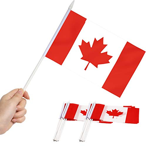 Drapeau Canada Stick, ANLEY Mini drapeau canadien à main 5x8 pouces (12 X 20 cm) avec mât solide blanc 12 (30 cm) - Couleur vive et résistant à la décoloration - Drapeaux à main 5.5 x 8 pouces