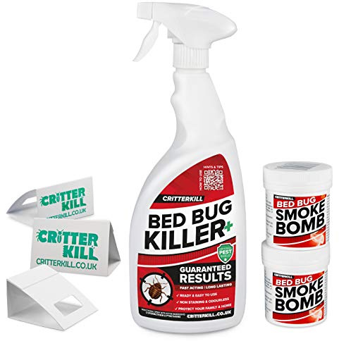 CritterKill Bed Bug Killer Kit - For Low Level Home Infestation - Bedbug Spray + Smoke Bombs + Insect Traps (1L / 2x16g / 3)