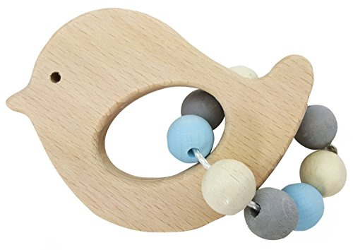 Hess Holzspielzeug 11110 - Greifling aus Holz mit Kleiner Kugelkette, Nature Serie Vogel in Blau, für Babys ab 6 Monaten, handgefertigt, für Greifübungen
