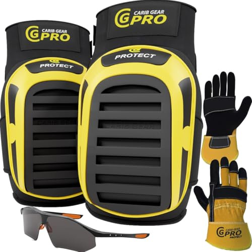 CARIB GEAR PRO USA Work Knee Pads for Men and Women Heavy Duty Double Gel Construction Knee Pads with Anti Slip Straps for Flooring Tiling Gardening Includes Leather Gloves and Safety Glasses