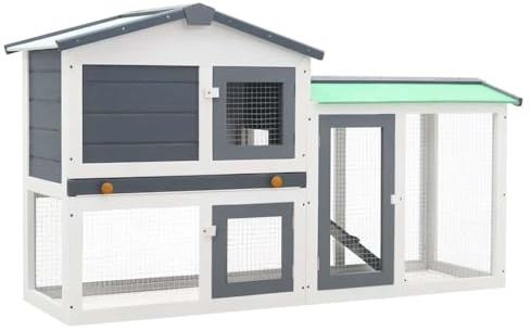 vidaXL Holz Großer Kaninchenstall Hasenstall Kaninchenkäfig Hasenkäfig Kleintierstall Hasenvilla Meerschweinchen Grau Weiß 145x45x84cm