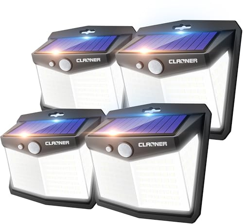 CLAONER Solar Lights Outdoor, [128 LED/4 Packs] Solar Motion Sensor Lights 3 Working Modes Outdoor Lights with 270° Wide Angle Wireless IP65 Waterproof Security Light for Fence Patio, Cold White