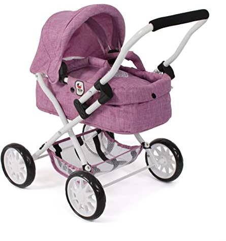 Bayer Chic 2000® Puppenwagen Smarty – Jeans Pink– Zusammenklappbar – Mit Verdeck, Tasche, Kissen & Decke – Griffhöhe 56 cm – Für Kinder ab 2 Jahren,