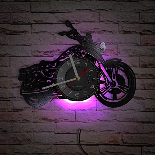 Smotly Vinyl-Wanduhr, Motorradform, schwarz, mit LED-Nachtlicht, dekorative Wanduhren für Wohnzimmer, Geschenk für Wohnkultur (mit Lichtern)